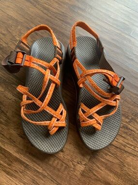 Chaco Orange Strappy Sandals with Black Footbed